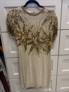 Birthday Dress Embellished Gold Sequin Fringe Cocktail Dress - Women